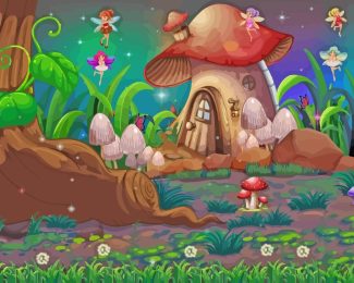 Mushroom House And Fairies diamond painting