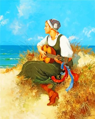 guitarist lady on the beach diamond paintings