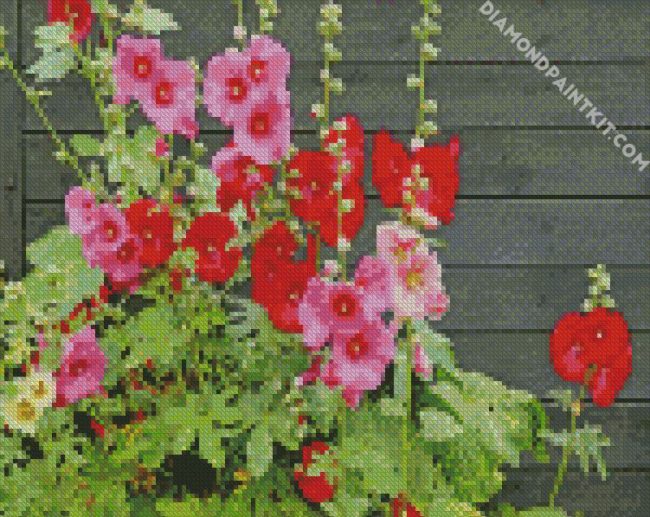 red and pink hollyhocks flowers diamond paintings