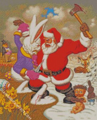 santa fighting with a big rabbit diamond paintings