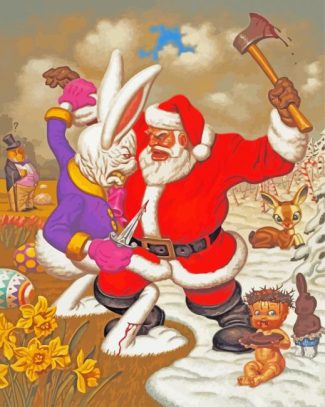 santa fighting with a big rabbit diamond painting