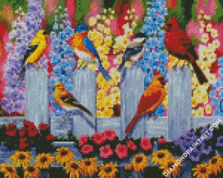 Birds On Garden Fence diamond paintings