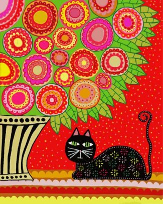 Cat And Flowers Folk Art diamond painting