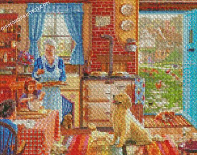 Kids And Grandma In Kitchen diamond paintings