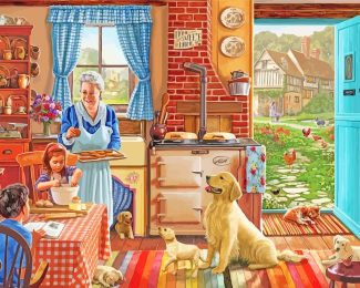 Kids And Grandma In Kitchen diamond painting