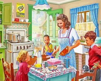 Mother and Kids in kitchen diamond painting