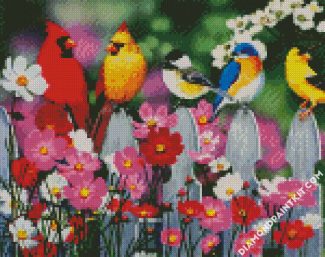 Spring Garden Birds On Fence diamond paintings