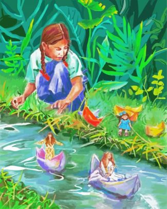 Girl Watching Her Paper Boats Floating diamond painting