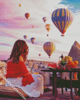 Girl Watching The Hot Air Balloons In Cappadocia Turkey diamond painting