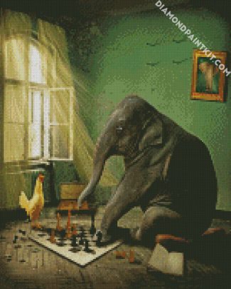 Elephant And Rooster Playing Chess diamond painting