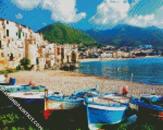 Cefalu Boats On The Beach diamond painting