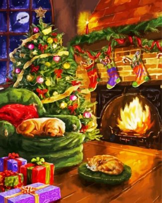 Puppies Near Fireplace diamond painting