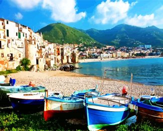 Cefalu Boats On The Beach diamond painting