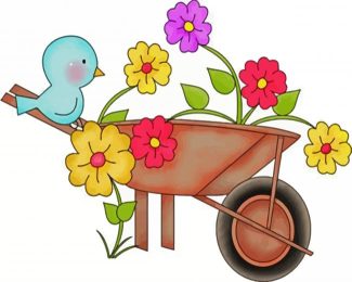 Cute Wheelbarrow With Flowers And Blue Bird diamond painting