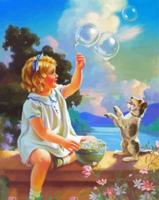 Girl Playing With Bubbles And Dog diamond painting