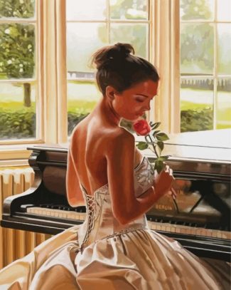 Piano Lady Holding A Pink Rose diamond painting