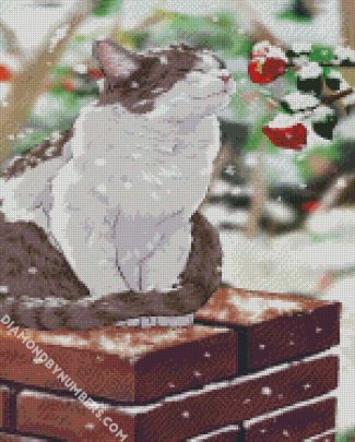 Snowy Cat Smelling Flowers diamond painting