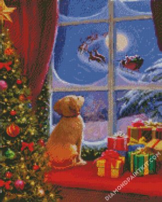 Dog Watching Santa diamond painting