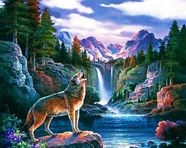 Wolf And Waterfall diamond painting