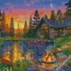 Fishing by Rustic Cabin in the forest diamond painting