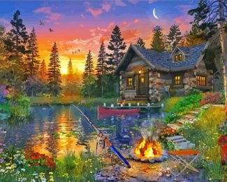 Fishing by Rustic Cabin in the forest diamond painting