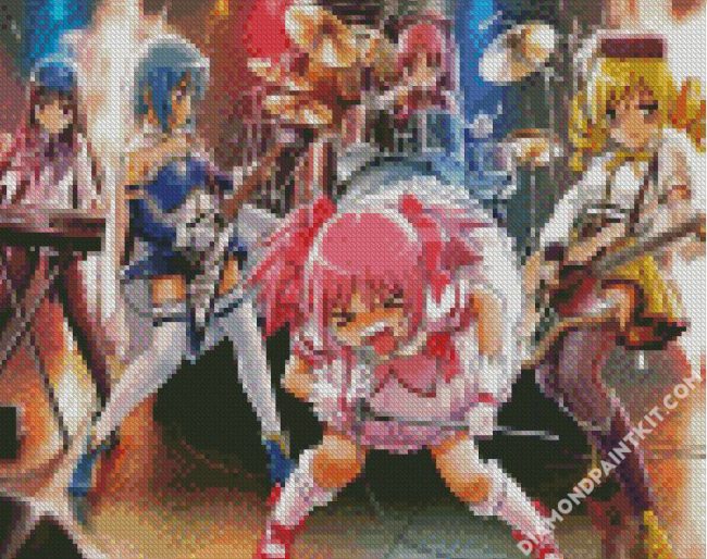 Puella Magi Madoka Magica characters singing diamond painting