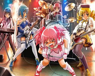 Puella Magi Madoka Magica characters singing diamond painting