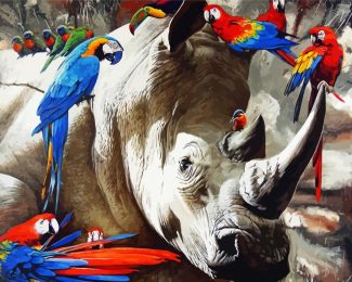 Rhino and parrots diamond painting