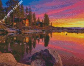 Rustic cabins at sunset diamond painting