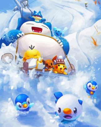 Snorlax And The Pokemons Enjoying The Snow diamond painting