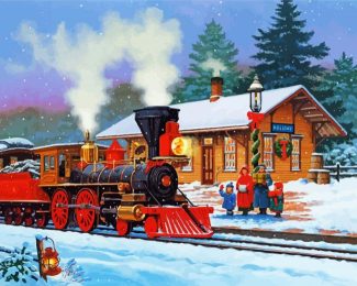 Snow Christmas Train Station diamond painting