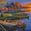 boat in lake by Rustic cabin diamond painting