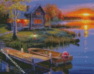 boat in lake by Rustic cabin diamond painting