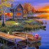 boat in lake by Rustic cabin diamond painting