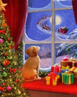 Dog Watching Santa diamond painting