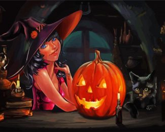 Halloween Witch And Black Cat diamond painting