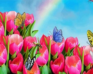 Pink Tulips And Butterflies diamond painting