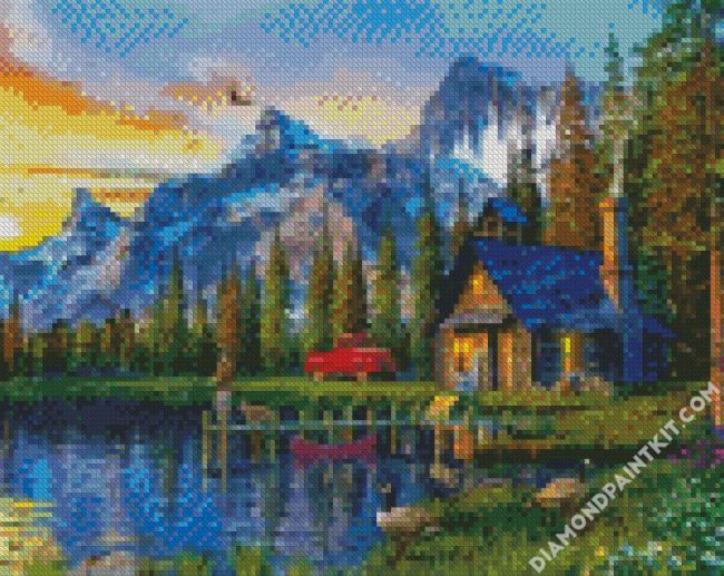 rustic cabin by lake diamond painting