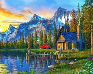 rustic cabin by lake diamond painting