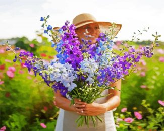 Woman Holding Larkspur diamond painting