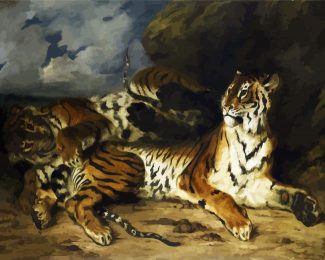 Young Tiger Playing With His Mother By Delacroix Eugene diamond painting