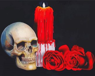 Candle With Red Roses And Skull diamond painting