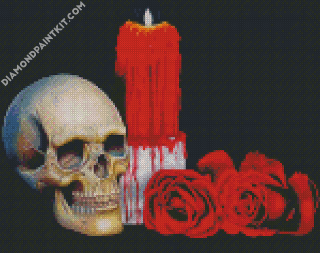 Candle With Red Roses And Skull diamond painting