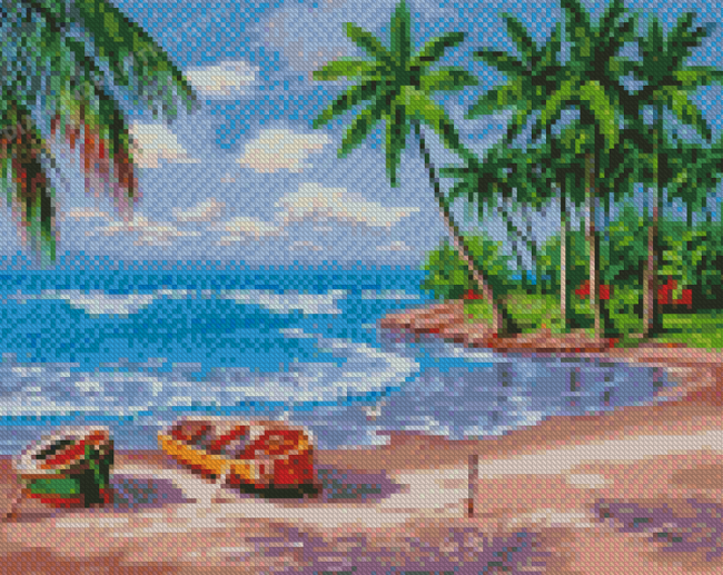 Coconut Trees Fishing Boat Diamond Painting