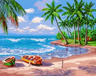 Coconut Trees Fishing Boat Diamond Painting