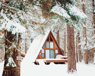 Cozy Snowfall Forest Cabin diamond painting