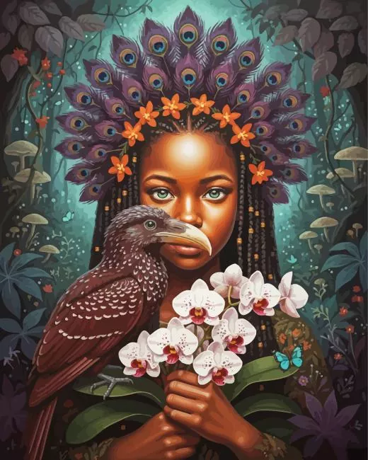 Crowned Hornbill and african girl paint by numbers Crowned Hornbill And Bird Diamond Painting