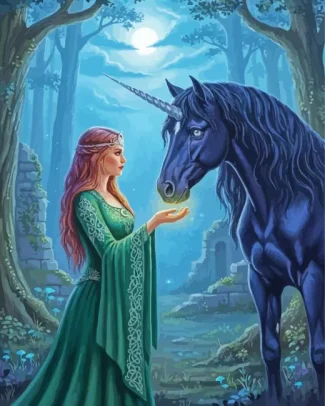 Lady And Black Unicorn Diamond Painting