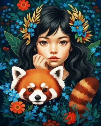 Red Panda And Asian Girl Diamond Painting